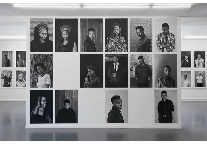 Veduta d'installazione: una parete bianca di galleria con grandi ritratti fotografici in bianco e nero di persone nere, frontali e dallo sguardo intenso.
